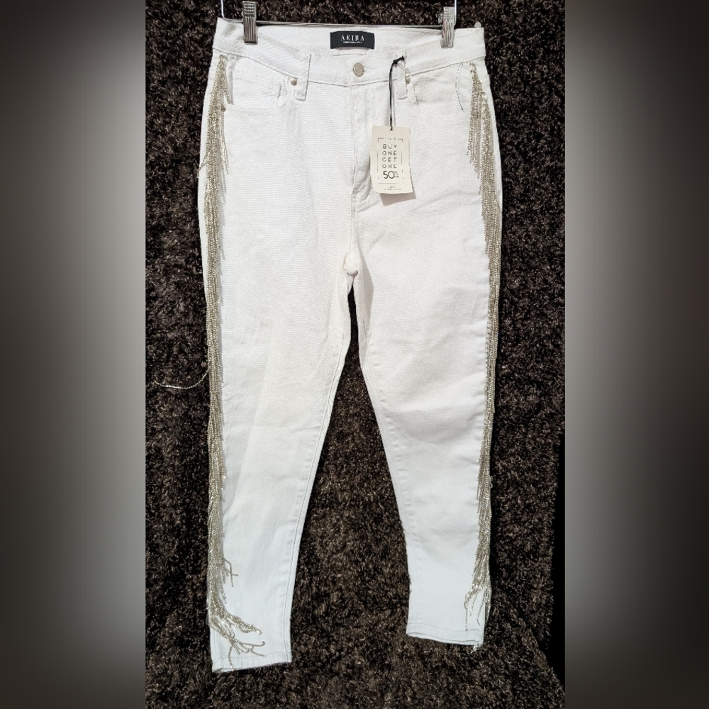 NEW AKIRA High Waisted Rhinestone Fringe Skinny Jeans